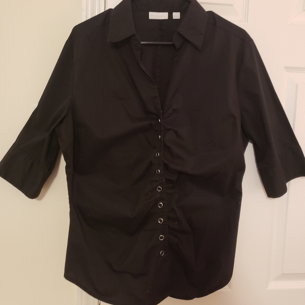 Split neck button down three-quarter sleeve blouse